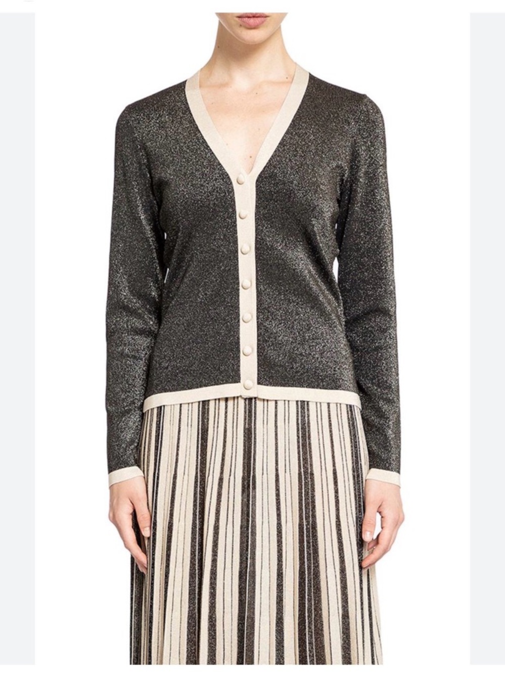 Zimmermann Metallic Black and Cream V-Neck Button Cardigan Sweater Size 0P